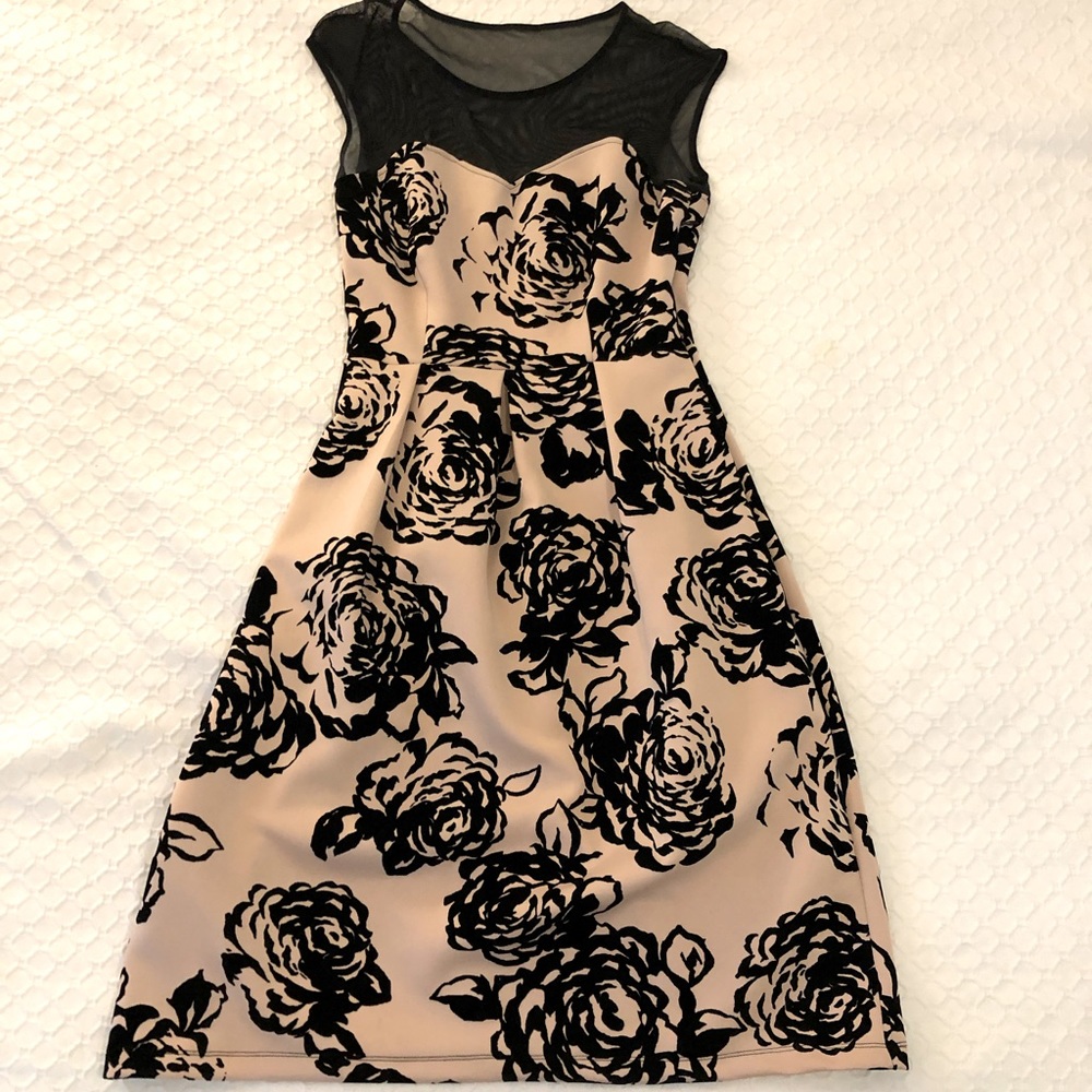 Nude/pink and black dress with suede flowers and shimmer top